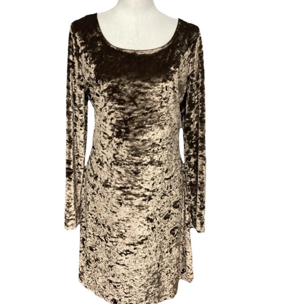 JSC Crushed Velvet Gold Vintage Dress Long Sleeve Scoop Neck Sz 14 RUNS SMALL